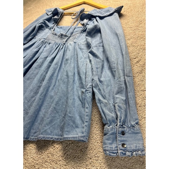 Free People XS Chambray Denim Ruffle Collar Cottagecore Long Sleeve Tie Back Top - Picture 14 of 14